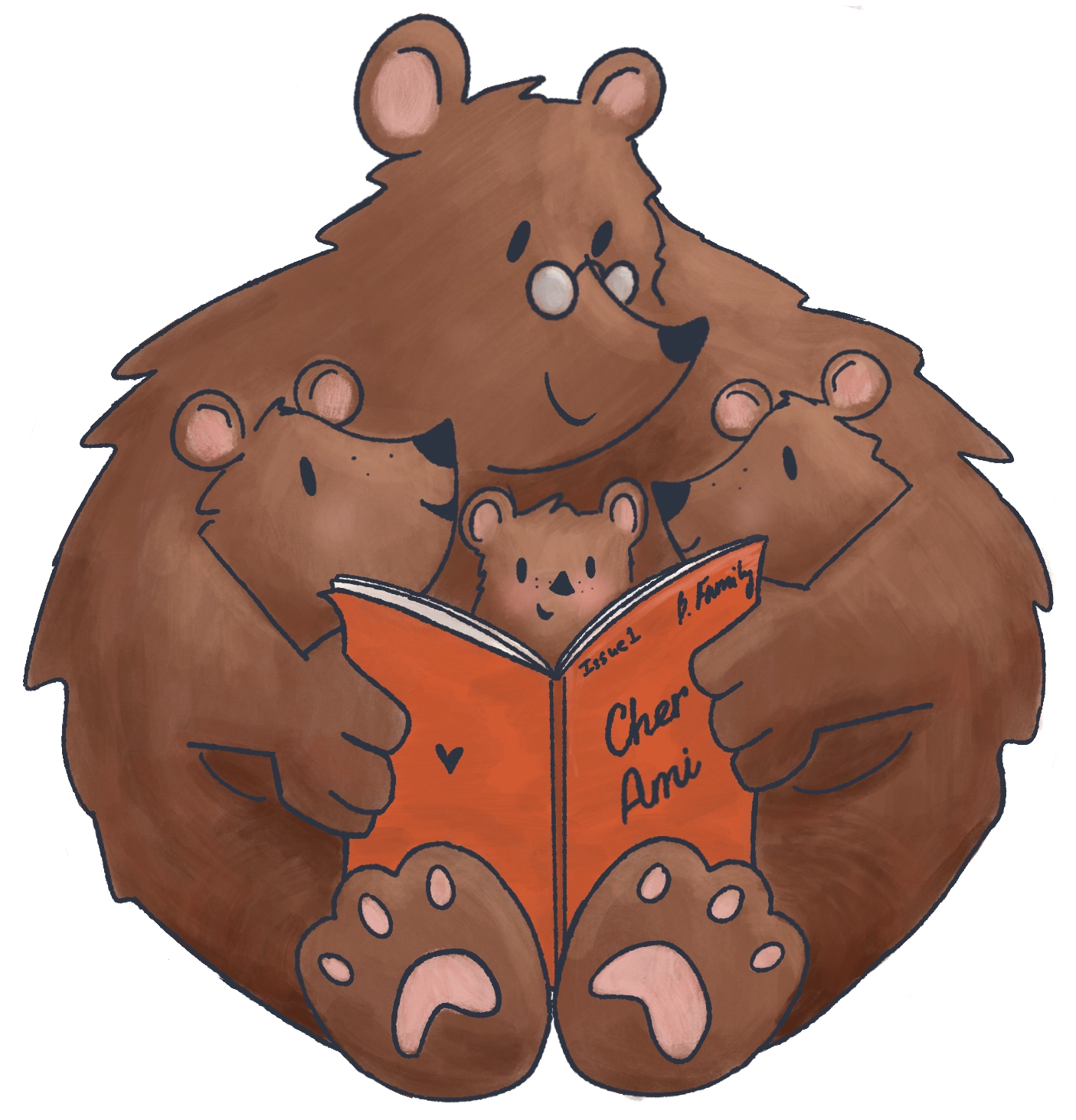 Family of bears reading a Cher Ami